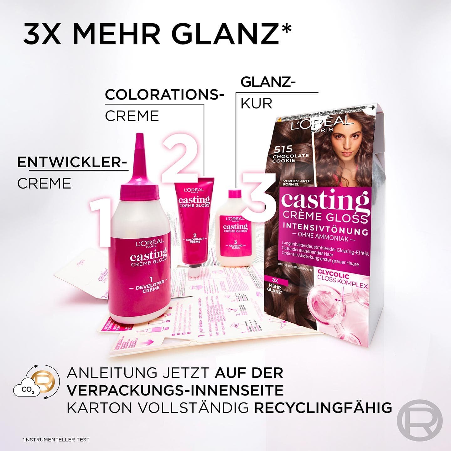 3 Produktbestandteile, Entwickler, Coloration & Glanzkur neben Verpackung